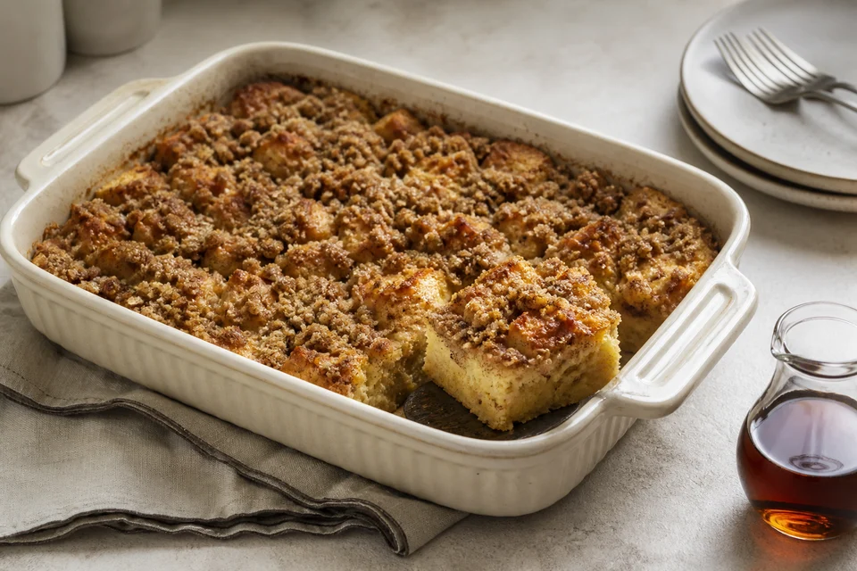 Golden overnight French toast casserole with a crisp oat-pecan top and bourbon-maple syrup.