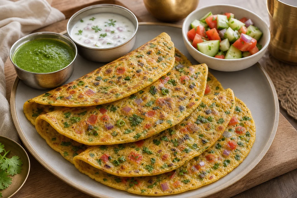 Finished besan chilla served with coriander chutney, yogurt, cucumber tomato salad, and a modest pickle portion.