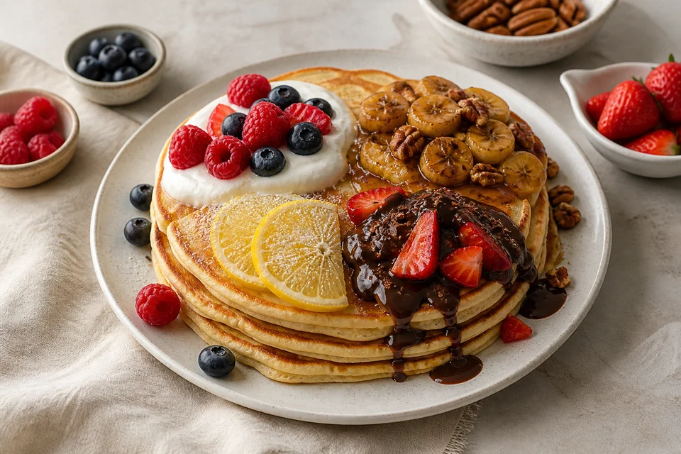 A finished pancake stack divided among berry yogurt, banana pecan, lemon sugar, and chocolate strawberry toppings.