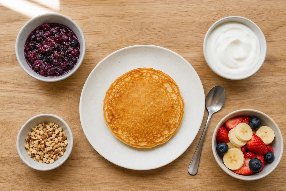 A plain finished pancake surrounded by separate bowls of berry compote, yogurt, chopped nuts, and fresh fruit.