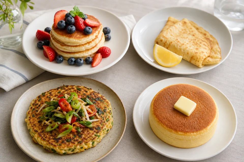 A finished pancake tasting spread with American pancakes, a folded crêpe, a savoury vegetable pancake, and a Japanese hotcake