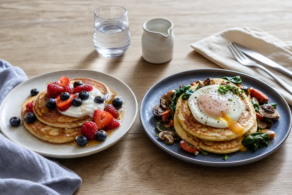 Sweet berry pancakes and savory herb pancakes arranged as two finished meal options.