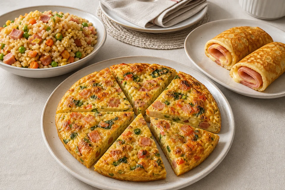 Finished leftover-ham frittata, ham fried rice, and ham-and-cheese pancake rolls.