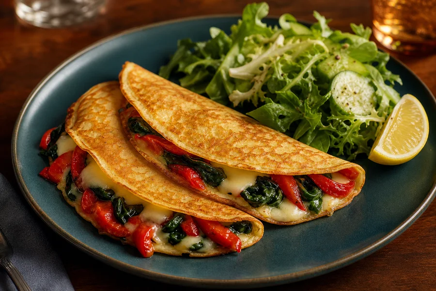 Close detail of folded savoury pancakes filled with roasted pepper, spinach, and melted cheese.