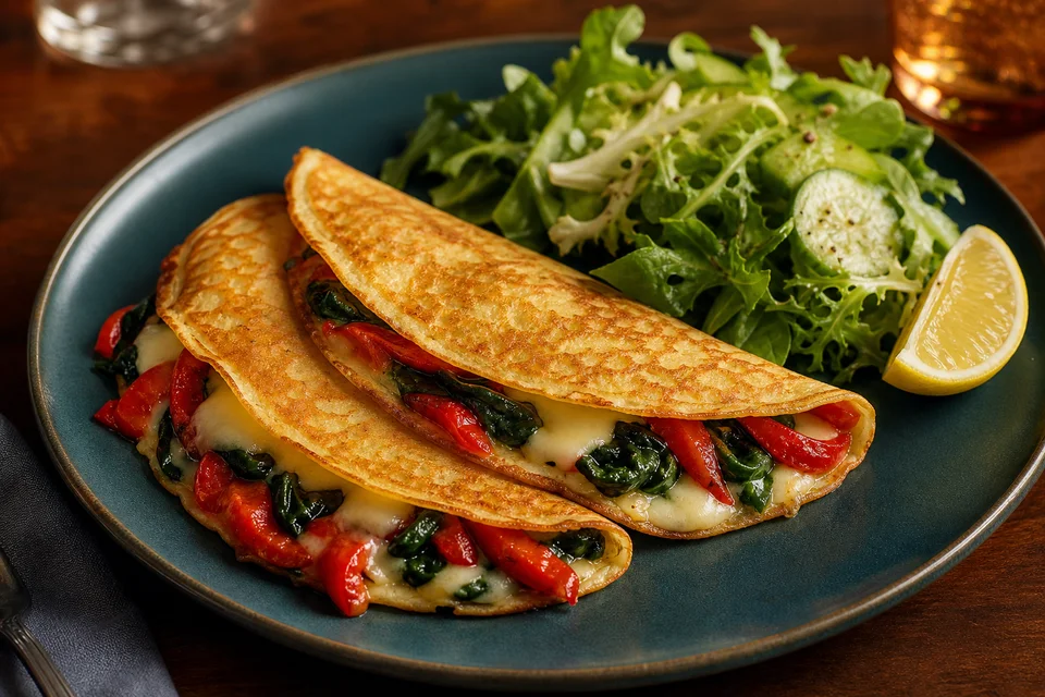 Folded savoury pancakes filled with roasted pepper, spinach, and melted cheese.