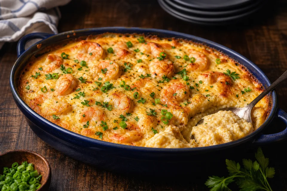 Cooked pink shrimp over creamy golden grits in a blue casserole dish with herbs and lightly browned cheese.