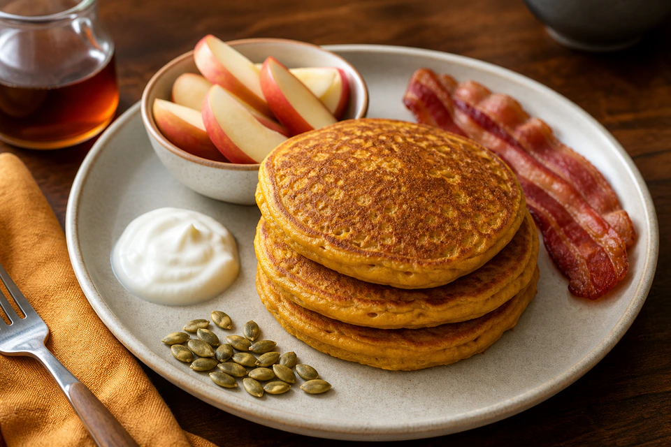 Finished pumpkin pancakes with apple slices, yogurt, pumpkin seeds, bacon, and maple syrup.