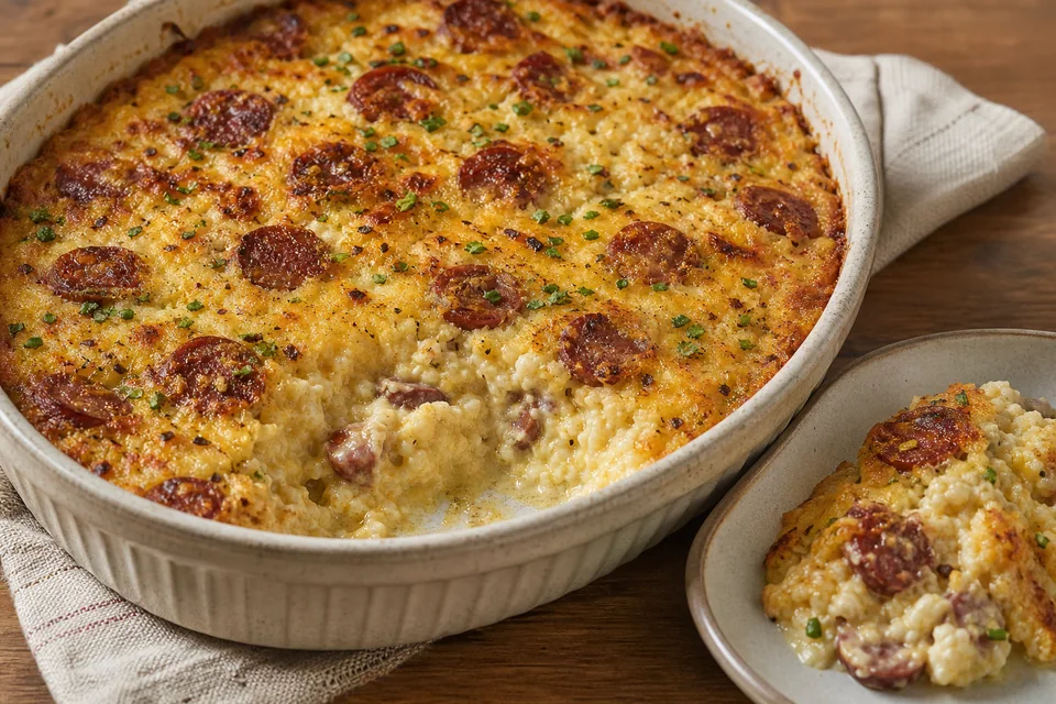 Golden smoky sausage and grits casserole with browned sausage slices and a spooned serving showing the creamy center.
