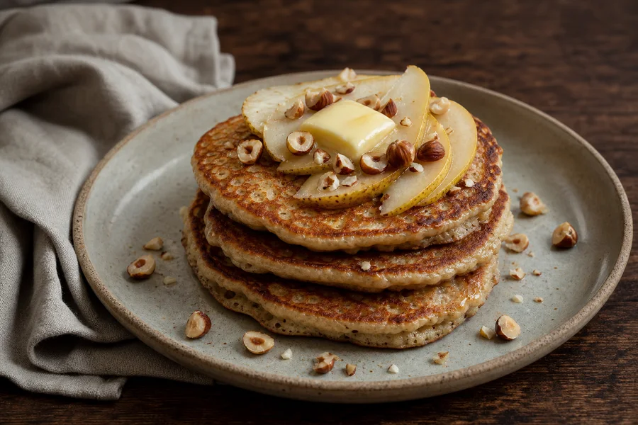 Close detail of rustic sourdough pancakes with pear, butter, and toasted hazelnuts.