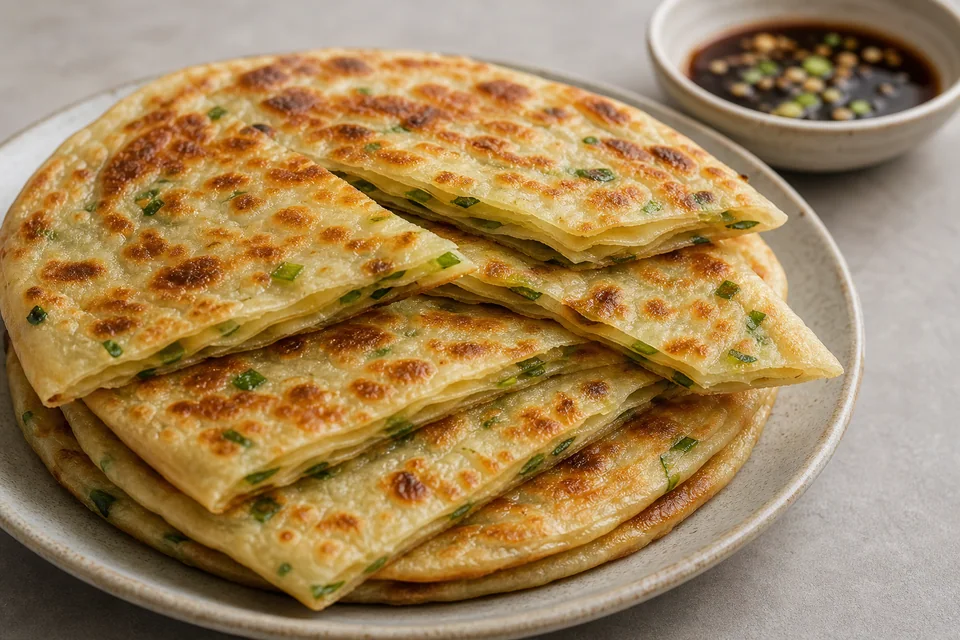 Crisp layered spring onion pancakes stacked and cut into wedges, revealing flaky coils and green onion flecks.