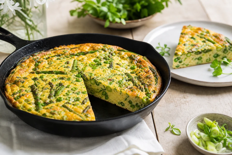 Finished spring vegetable frittata with asparagus, peas, spring onion, and herbs, with one wedge cut to show the set centre.
