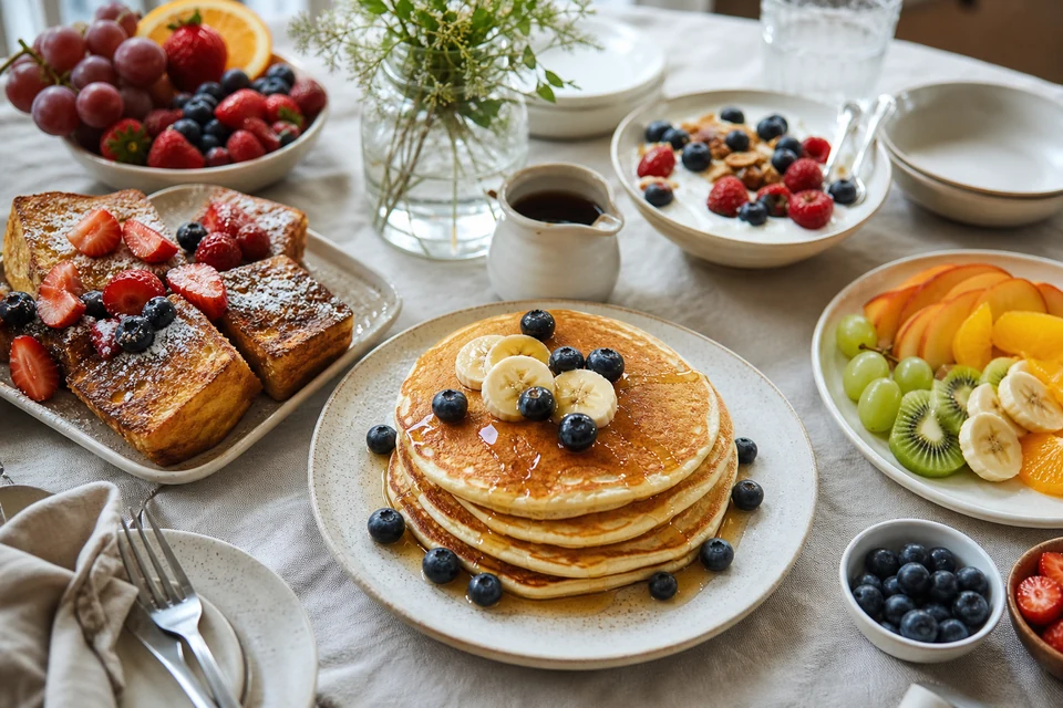 A finished sweet brunch spread with pancakes, berry French-toast squares, fruit salad, and yogurt bowls.
