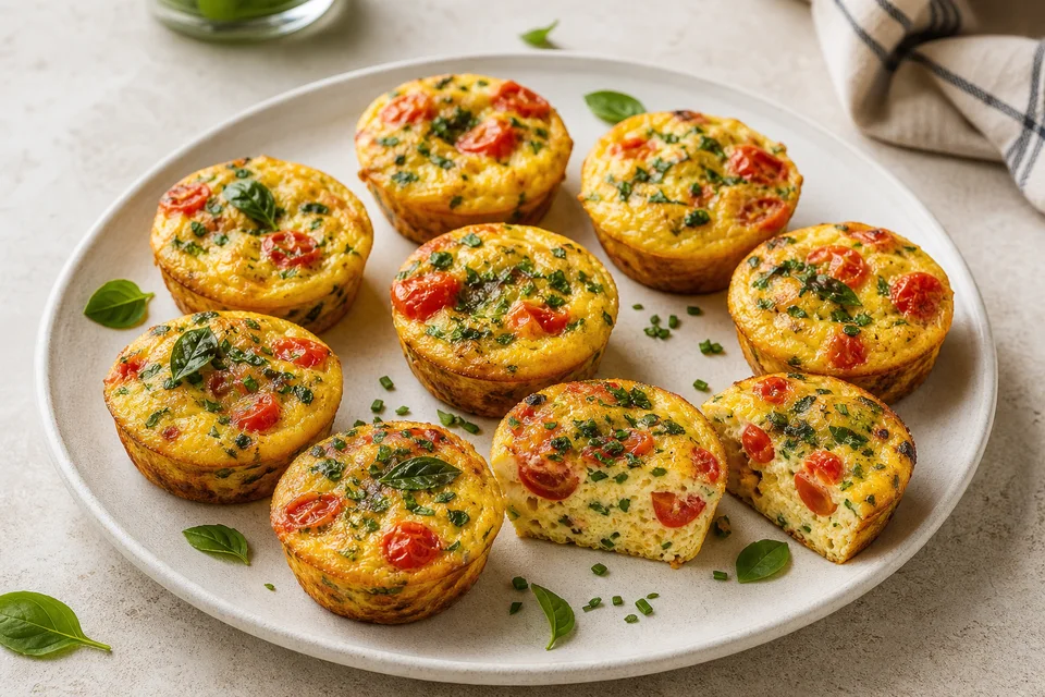 Golden mini frittatas with cherry tomato and green herbs on a pale plate, including one cut open to show the tender egg centre.