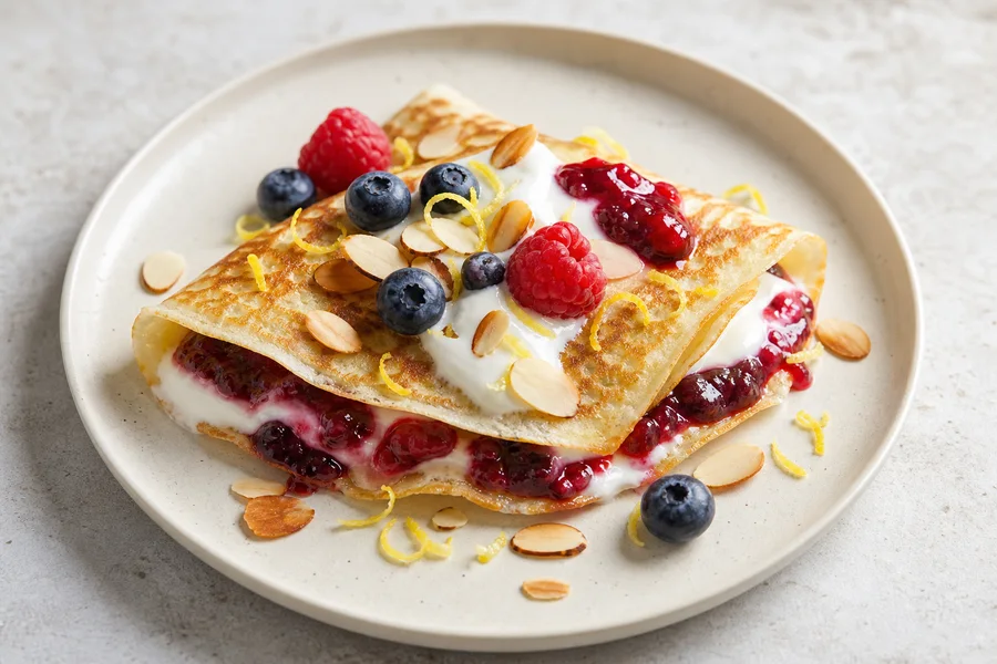 Close detail of thin pancakes filled with berry compote, yogurt, lemon zest, and toasted almonds.