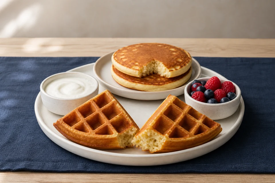 Finished breakfast spread with a golden pancake stack and crisp waffles, berries and yogurt served separately, and visible cooked interiors.