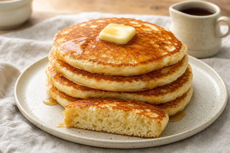 Modest stack of round golden breakfast pancakes with butter, maple syrup, and a cut edge showing tender crumb.