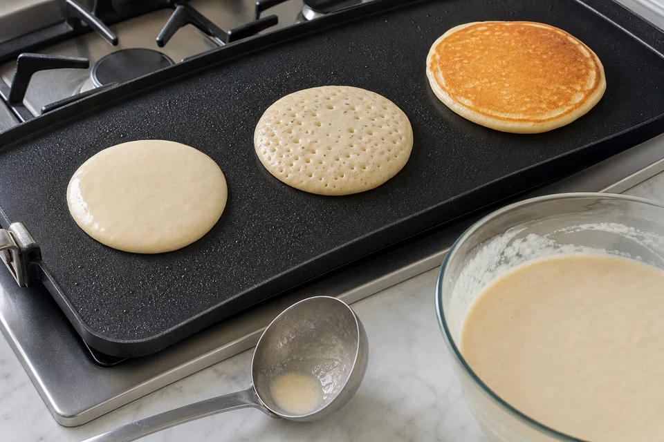 Round breakfast pancakes cooking as bubbles form and the edges become matte.