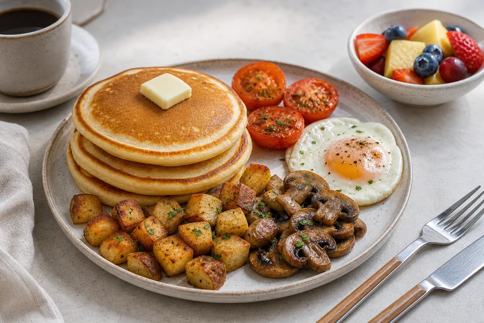 Deluxe breakfast plate with pancakes, potatoes, mushrooms, tomato, egg, and fresh fruit.