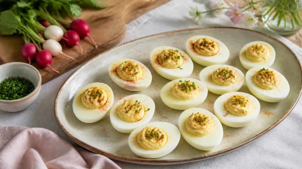 Editorial breakfast scene illustrating Deviled eggs for easter brunch.