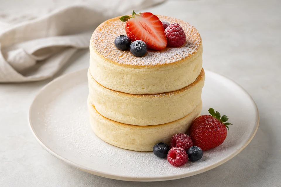 Finished tall Japanese soufflé-style pancake stack with berries.