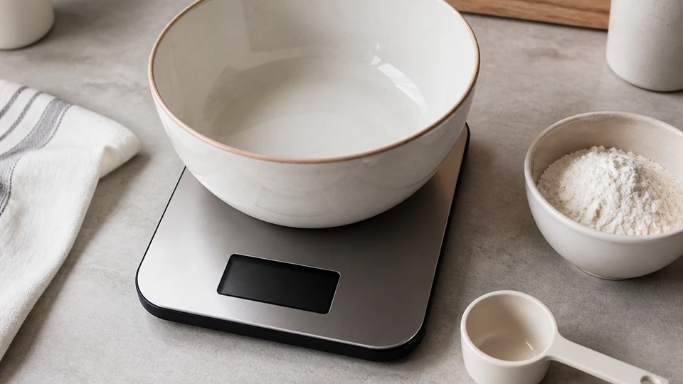 Unbranded digital kitchen scale with a mixing bowl, blank display, flour bowl and plain scoop.