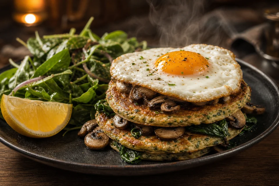 Finished savory pancake dinner with mushrooms, spinach, egg, and salad