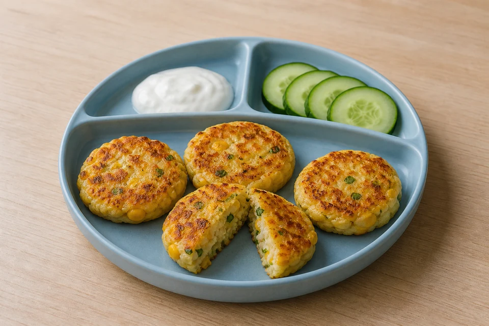 Finished small savoury cheese and sweetcorn pancakes with visible corn and spring onion, served with yogurt and cucumber on the side.