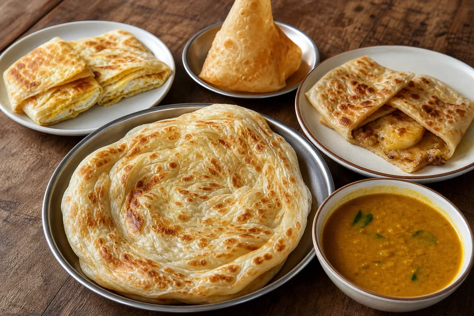 Finished Malaysian roti canai served plain with dhal and as folded egg, banana, and crisp tissue-style variations.