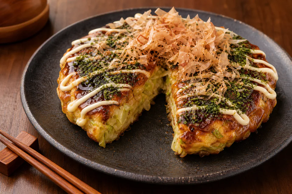 Finished Osaka-style okonomiyaki cut open with sauce, mayonnaise, aonori, and bonito flakes