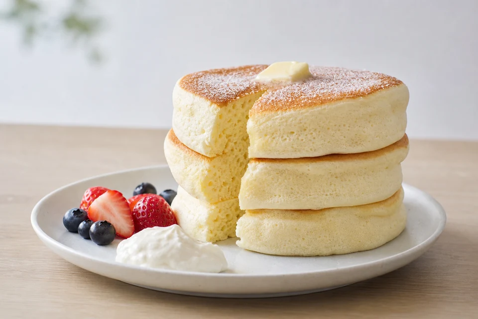 Finished tall Japanese soufflé-style pancakes with a fine airy crumb and berries.