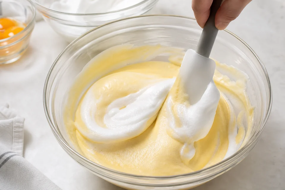 Glossy meringue being folded carefully into Japanese soufflé pancake base batter.