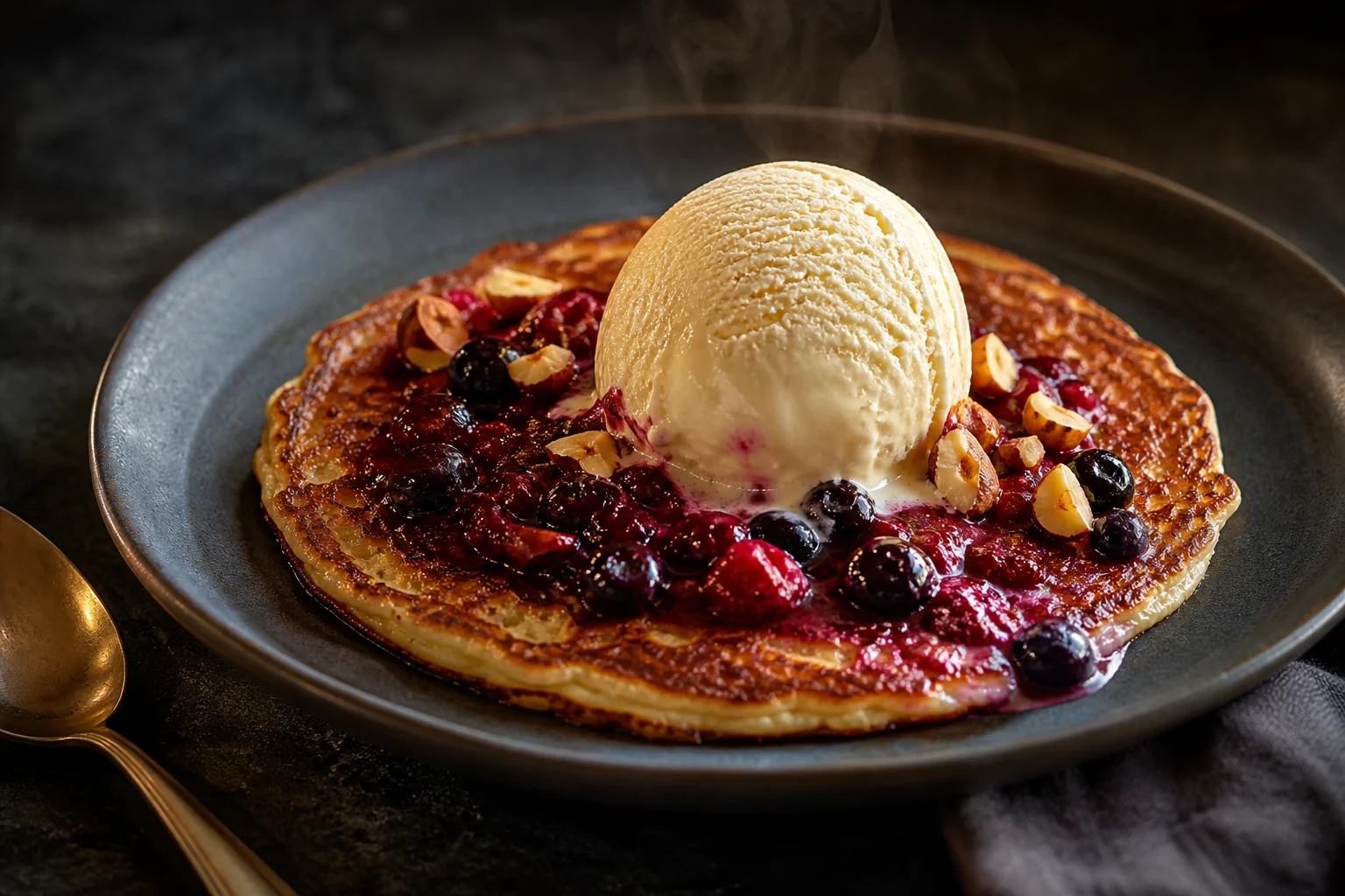 Finished pancake dessert with vanilla ice cream, berry compote, and hazelnuts