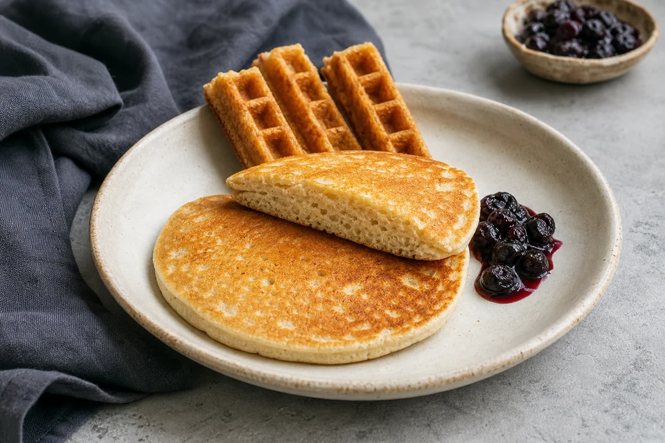 Finished gluten-free pancakes and waffle pieces with a fully set cut centre