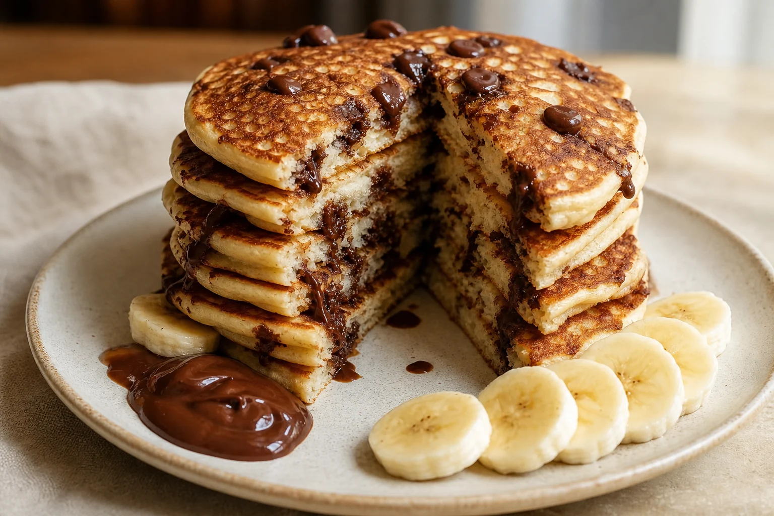 Finished stack of chocolate chip pancakes cut to show melted chocolate