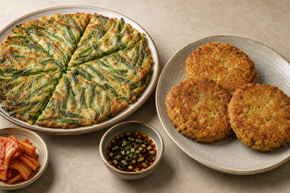 Finished Korean pajeon with green onions beside crisp mung-bean bindaetteok.