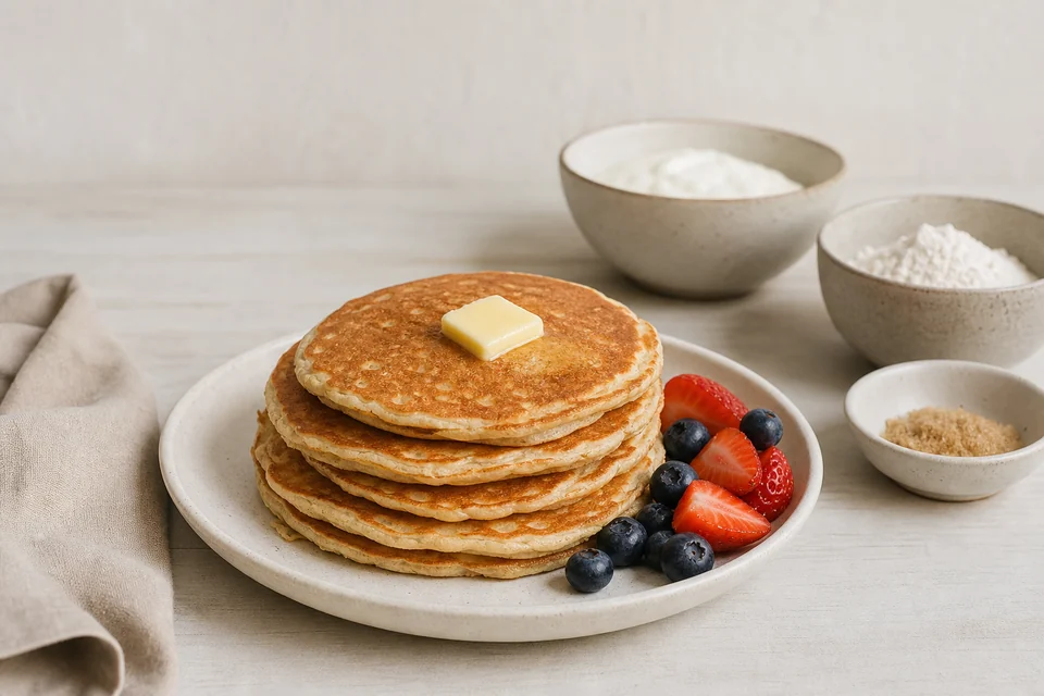Simple homemade pancakes with butter and fruit beside three basic ingredients.