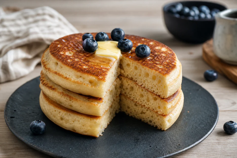 Finished pancake dish illustrating fluffy pancake structure