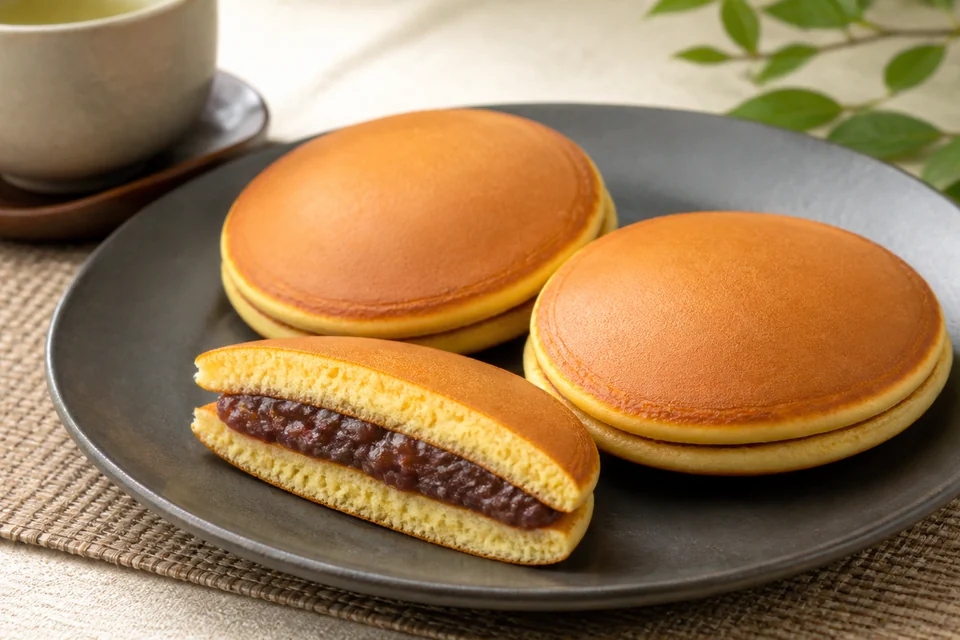 Finished dorayaki with one cut open to show sweet red bean filling.