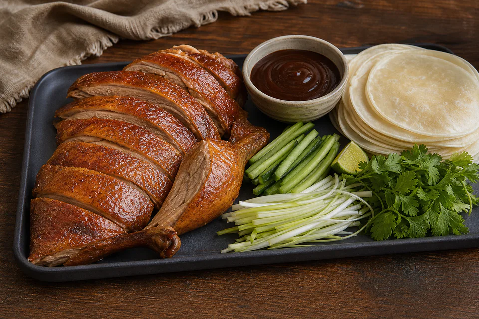 Sliced cooked duck with dark mole sauce, thin pancakes, cucumber, scallions, lime, and coriander