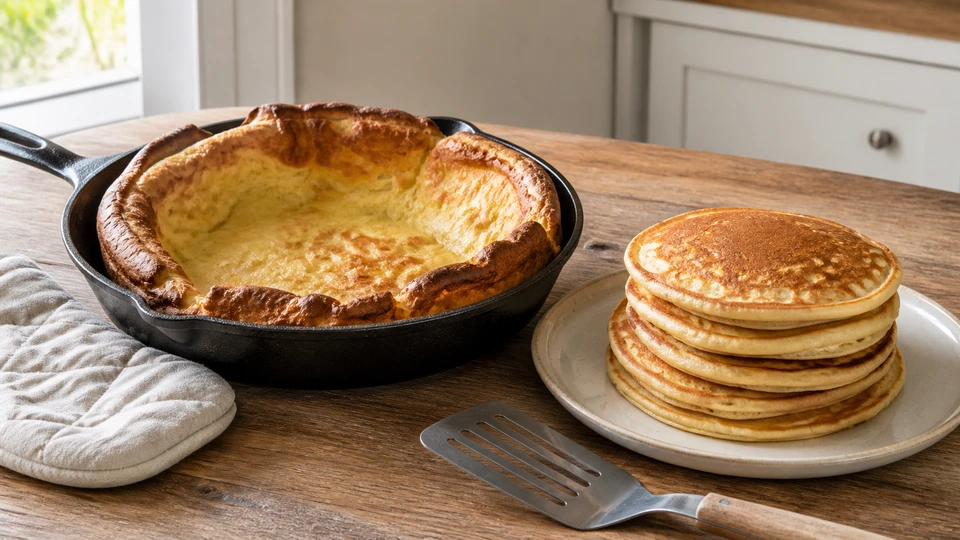 A Dutch baby in a skillet beside a stack of pancakes.
