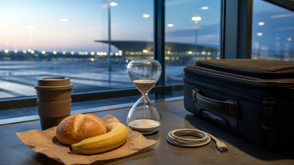 Predawn airport departure planning scene with breakfast, an hourglass, charging cable and carry-on.