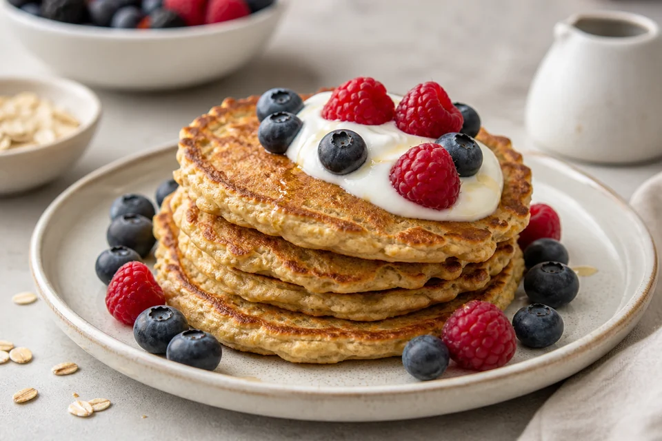 Finished rustic oat protein pancakes topped with yogurt and berries.