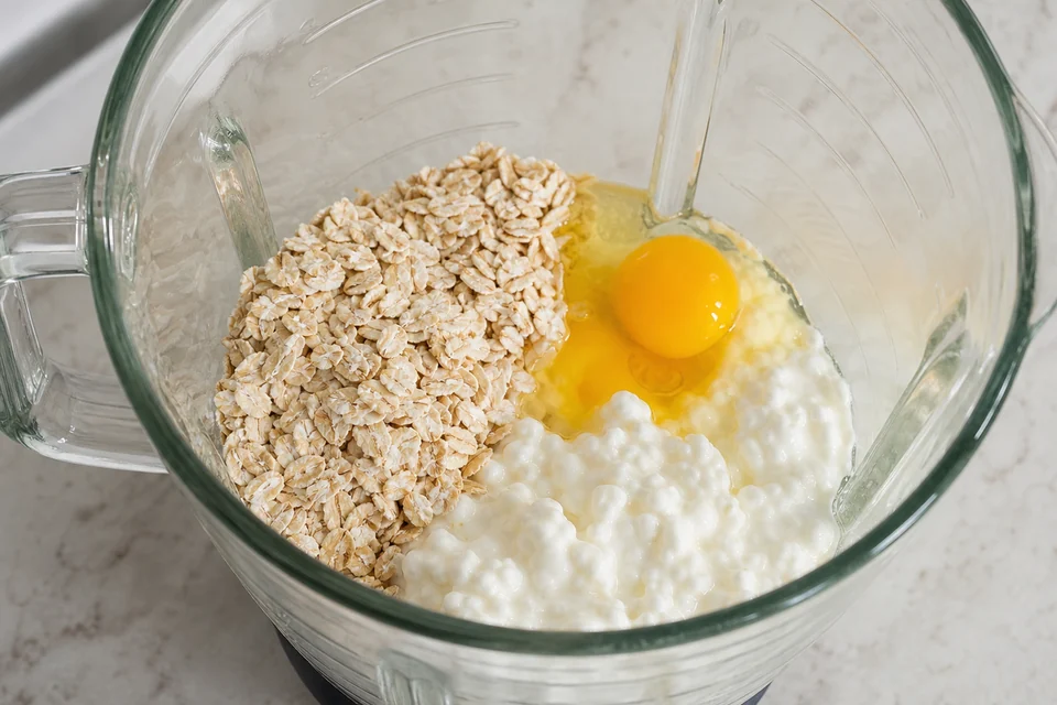 Rolled oats, eggs, and cottage cheese ready to blend into pancake batter.