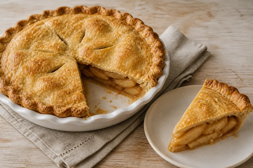 Golden easy apple pie with one slice showing tender cinnamon apple layers.