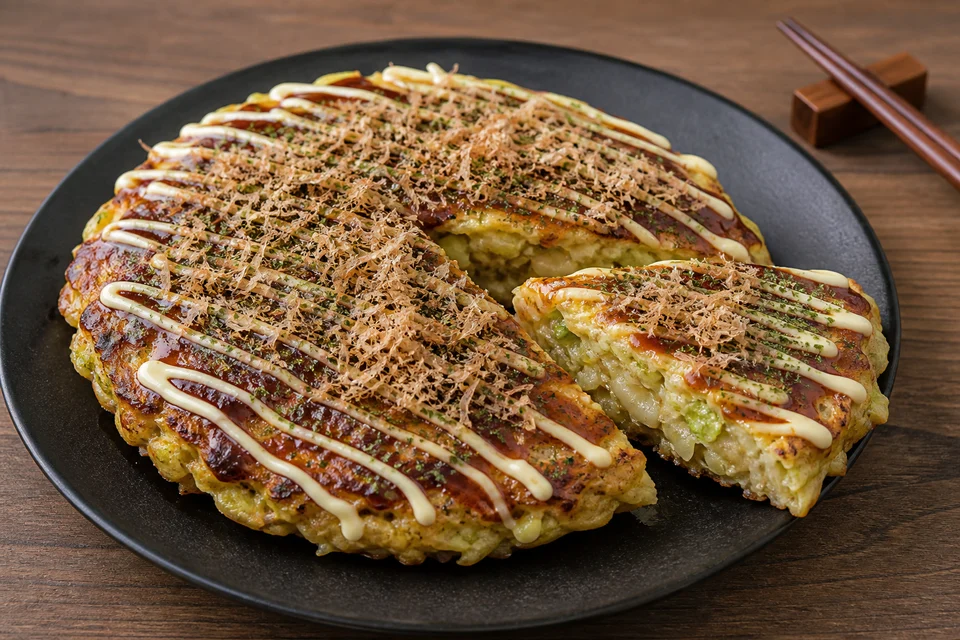 Finished Osaka-style okonomiyaki with sauce, mayonnaise, aonori, and bonito flakes.