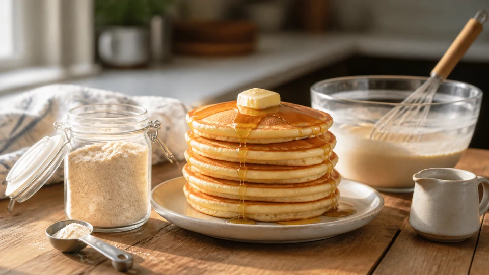 Easy pancake batter mix prepared for Pancakes World.