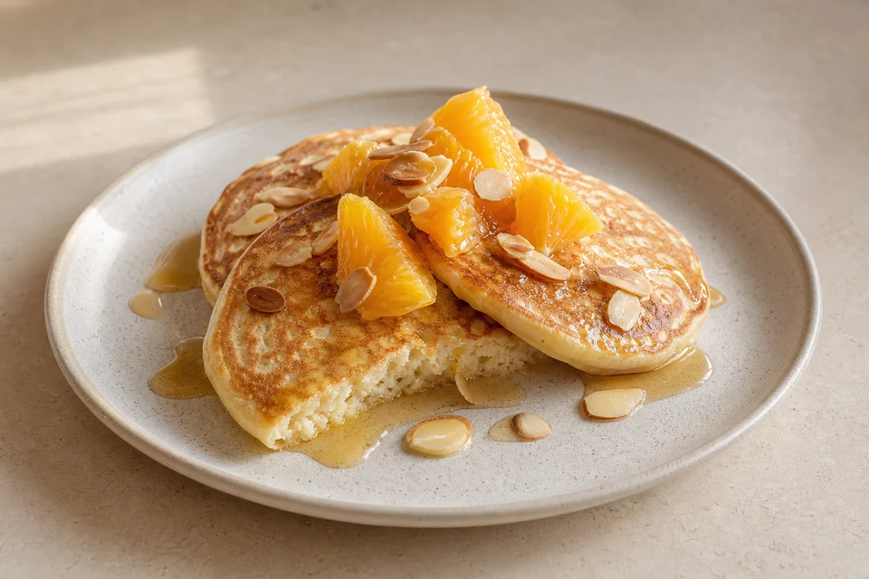 Finished milk-free pancakes with orange pieces, toasted almonds, and syrup.