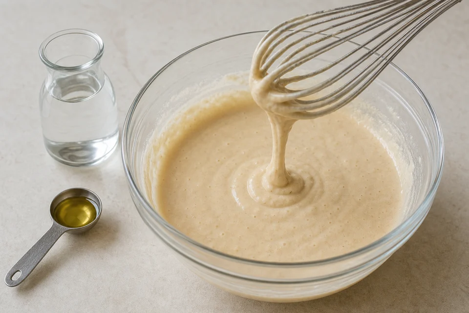 Milk-free pancake batter falling from a whisk beside water and oil.