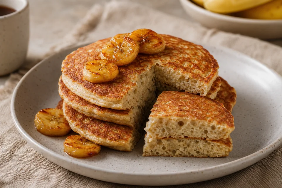Golden banana pancake stack topped with caramelized banana slices and a cut pancake showing a moist fully cooked crumb.