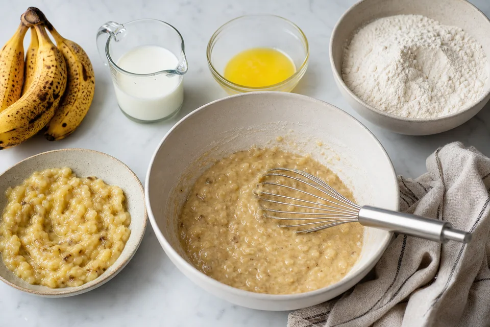 Evenly mashed ripe banana beside measured milk, melted fat, flour, and a partially combined banana pancake batter.
